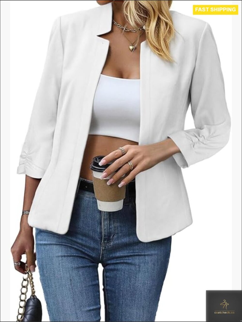 Lightweight Open Front Tweed Blazer 3/4 Sleeve Stand Collar Office Casual